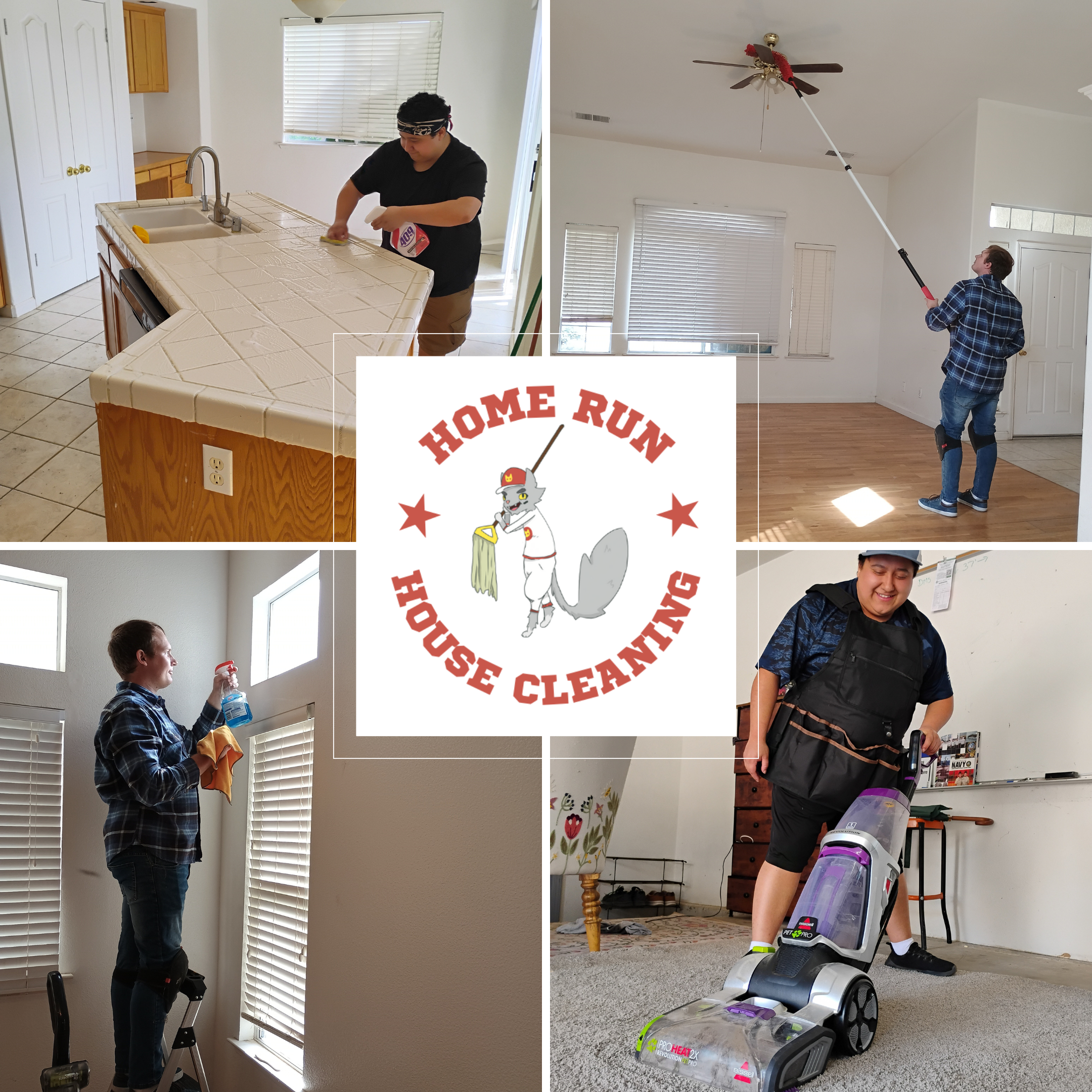 Collage of our cleaning professionals at work with our logo in the center.